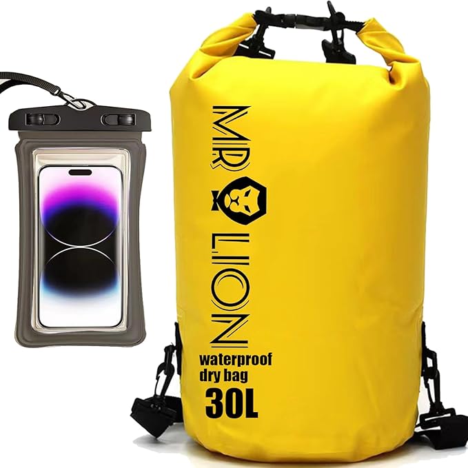 MR LION Waterproof Dry Bag - Roll Top Waterproof Backpack Sack Keeps Gear Dry for Kayaking, Beach, Rafting, Boating, Hiking, Camping and Fishing with Waterproof Phone Case (Yellow 30L)