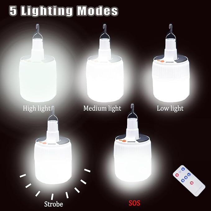 LED Camping Tent Solar Lantern Bulb Lights 5 Mode USB Rechargeable with Remote Control Portable Hanging Outdoor Fishing Emergency Courtyard Garden 4 Power Display Outdoor 2 Pack