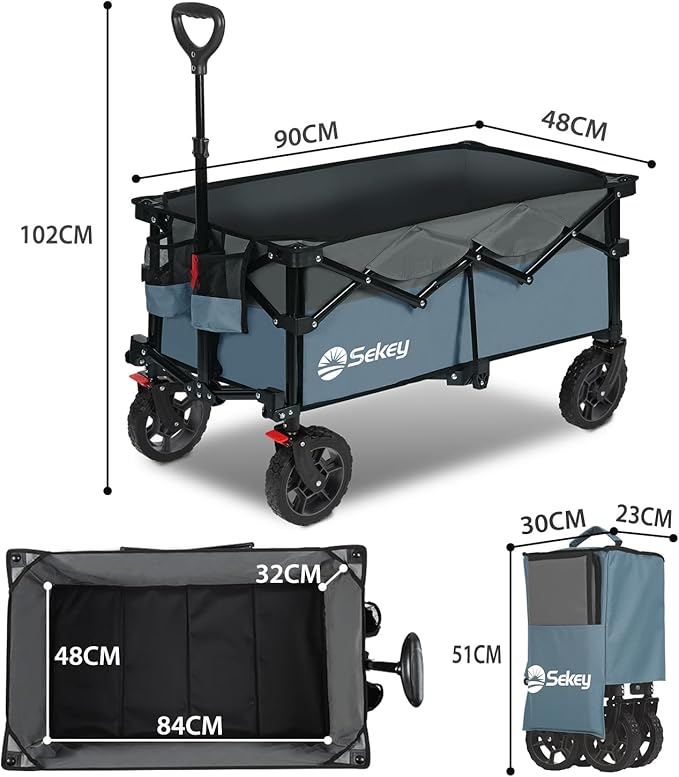 Sekey 330lbs Collapsible Foldable Wagon with Weight Capacity, Heavy Duty Folding Wagon Cart with Big All-Terrain Wheels & Drink Holders. Blue&Gray