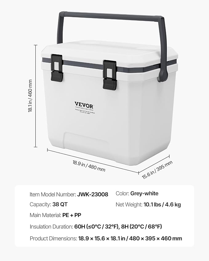 VEVOR Portable Cooler,Hard Cooler with Ice Retention, Heavy-Duty Handles and Strap, Lightweight Rigid Material Insulated Portable Cooler, Suitable for Family Picnics and Short Trips