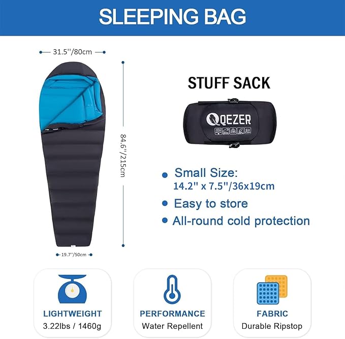 Down Sleeping Bag for Adults 0°F 10°F 15°F 20°F Backpacking Sleeping Bag for Cold Weather with Compression Sack