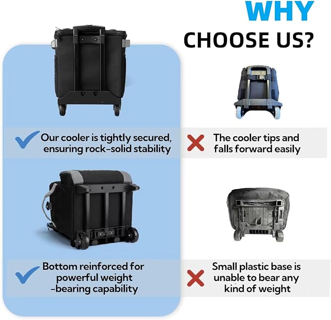 Rolling Cooler with Wheels, Heavy Duty Leakproof Soft-Sided Ice Chest, 12Hrs Ice Retention & Enhanced Stability Wheeled Coolbag, Insulated Travel Cooler for Camping,Grocery,Beach,Outdoor