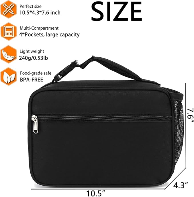 Insulated Lunch Box for School, Thermal Reusable Durable Freezable Lunch Bags for Kids Boys Girls Men Women - Small Soft Cooler Portable Lunch Tote Kit for Work Picnic Travel,Black