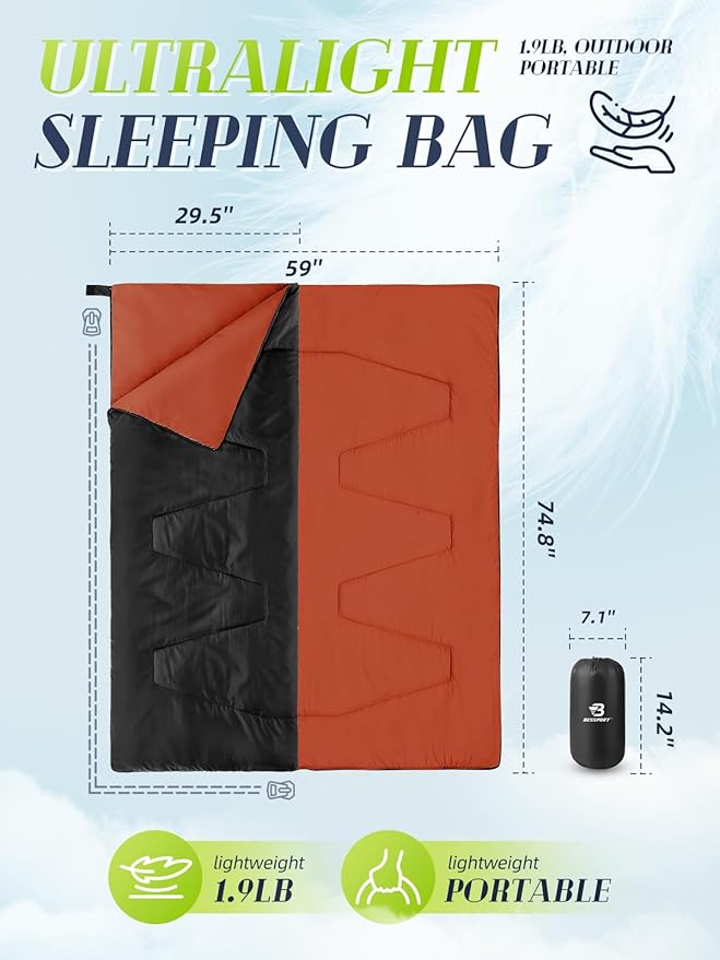 Bessport Lightweight Sleeping Bag, Ultralight Backpacking Sleeping Bag, 3 Season Waterproof for Adults Kids, Outdoor, Hiking, Camping