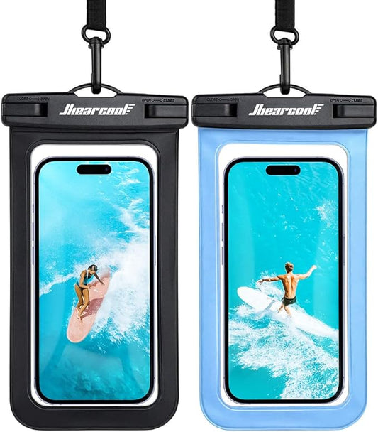 Hiearcool Waterproof Phone Pouch, Waterproof Beach Bag Compatible for iPhone 16 15 14 13 Pro Max, IPX8 Cellphone Travel Essentials for Beach -Black & Sky Blue-2Pack