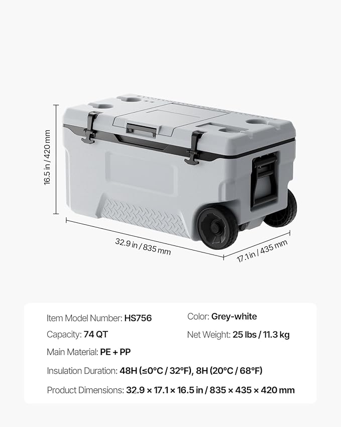 VEVOR Ultra-Light Hard Cooler, Ice Retention Cooler with Heavy Duty Handle, Ice Chest Lunch Box for Camping, Travel, Outdoor, Keeps Cool for up to 6 Days, 30% Lighter Than Rotomolded Coolers