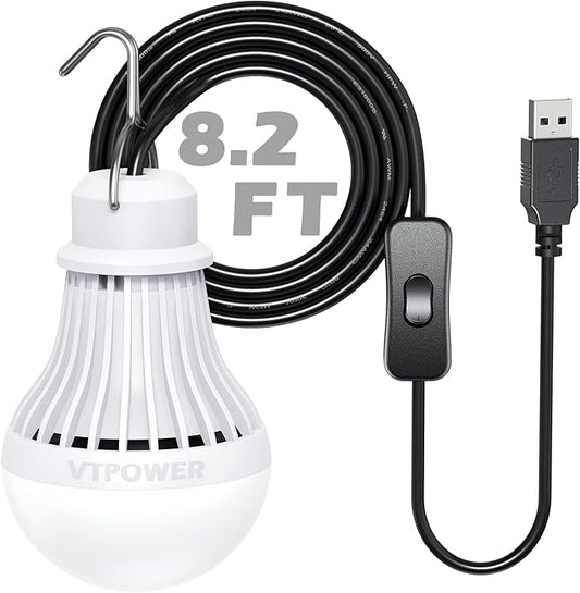 USB LED Light Bulb Camping Latern Outdoor Light with Simple Switch, Portable LED Bulb 5V 5W for Garage Warehouse Car Truck Fishing Boat Outdoor Emergency Light White Lamp 2.5m/8.2ft…