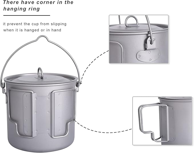 iBasingo 1100ml Titanium Mug Camping Cup Tea Coffee Water Pot with Lid Ultralight Outdoor Travel Tableware with Foldable Handle Picnic Backpacking Trekking Portable Drinkware Survival Gear Ti3041D