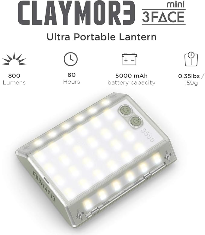 CLAYMORE 3Face Mini (Light Gray) - Lightweight and Portable LED Area Light for Outdoors, Camping, Tent, Emergency, and Industrial Use. Rechargeable Lantern with USB-C, Up to 60 Hours Battery Life.