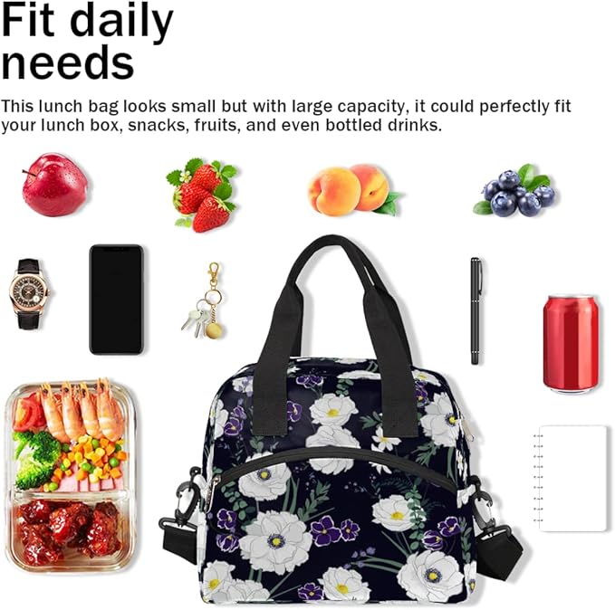Flower Floral White Insulated Lunch Bags for Women Men Adult Reusable Lunch Tote Therma Cooler Bag with Shoulder Strap Lunch Box for School Work Office Picnic Meal Prep Bag