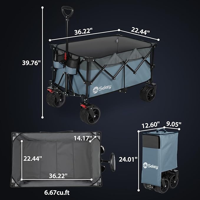 Sekey 220L Collapsible Foldable Wagon with 330lbs Weight Capacity, Heavy Duty Folding Utility Garden Cart with Big All-Terrain Beach Wheels & Drink Holders. Blue & Gray