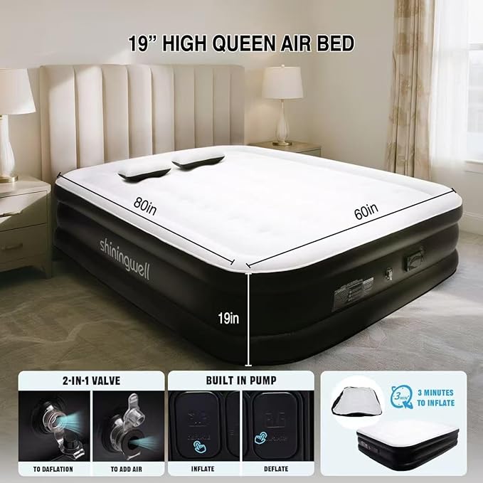 Queen Air Mattress with Portable Air Pump (2000mA) and 2 Inflatable Pillows, 19" High Self-Inflation Inflatable Mattress, Comfortable Blow up Mattress, Air Bed for Camping, Home and Guest
