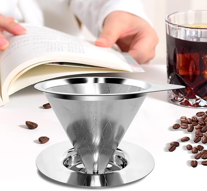 LHS Pour Over Coffee Dripper Reusable Coffee Filter Paperless Coffee Filter Stainless Steel Pour Over Coffee Maker Cone Coffee Dripper for 1-2 Cup,Argyle Pattern