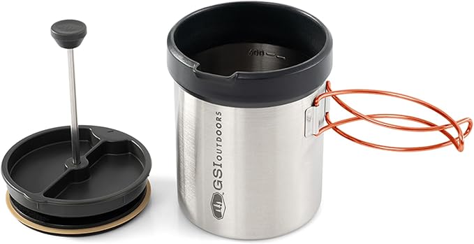 GSI Outdoors Glacier Personal Javapress Stainless Steel Press Mug with Folding Handles and Pour-Through Lid – Brews 22 fl. oz.