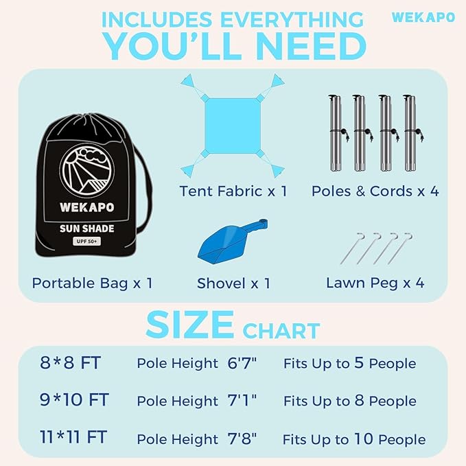 WEKAPO Beach Tent Sun Shelter - Easy Setup Beach Canopy with 4 Sturdy Poles, Large Sandbags and Shovel, 6'7'' Tall, Windproof Sun Shade for Backyard and Camping, UPF 50+ Protection