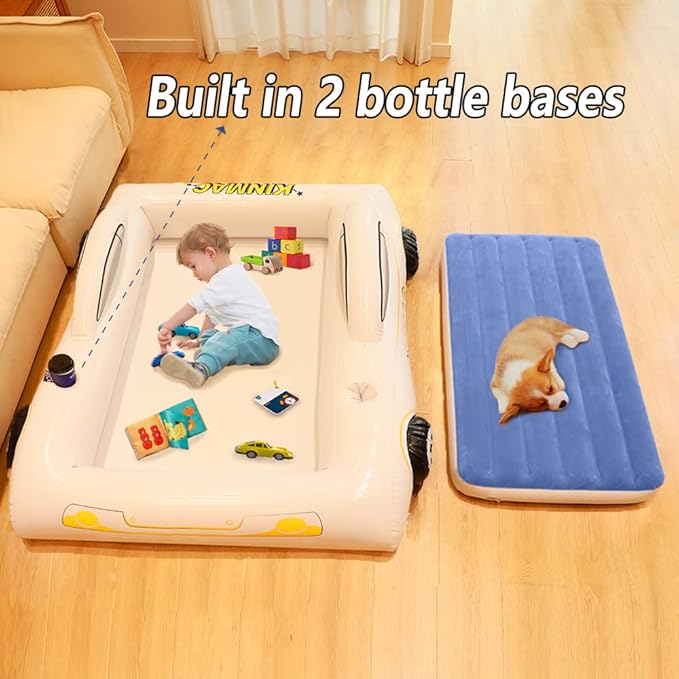 Inflatable Toddler Travel Bed- Portable Travel Toddler Air Bed for Kids Camping Air Mattress Racecar Toddler Bed with Sides Blow Up Mattress Sleeping Pad for Camping Car Travel Sleeping(Blue1)