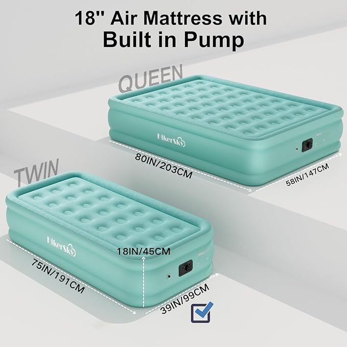 Twin Air Mattress with Built-in Pump, Single Air Bed with Portable Storage Bag, 18'' Blow up Mattress Suitable for Home and Guests, Top Flocking, 18" Twin Turquoise