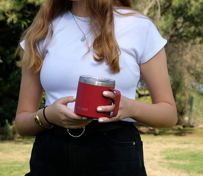 CHILLOUT LIFE Stainless Steel 16 oz Vacuum Insulated Coffee Mug with Handle and Lid, Large Thermal Camping Coffee Mugs with Sliding Lid for Men & Women, Keeps your Beverages Hot/Cold, 2 Pack