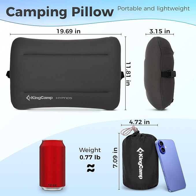 KingCamp Camping Pillow, Inflatable Ultralight Travel Outdoor Large Pillow with Air Chamber & Removable Memory Foam Lightweight Cover for Backpacking Hiking Road Trip Airplane Sleeping Solution