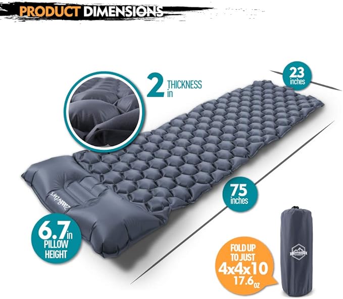 ZOOOBELIVES Ultralight Sleeping Pad with Pillow– Inflatable Camping Mat for Backpacking, Traveling and Hiking, Compact and Portable Multiple Color Options