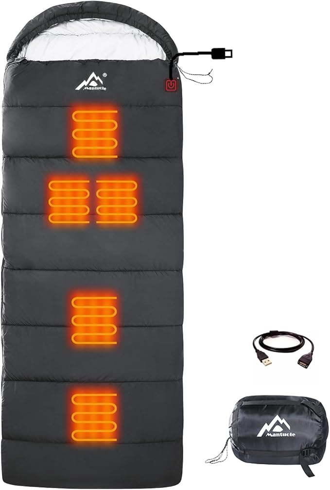 Rectangular Heated Sleeping Bag Envelope Style 5pcs Multi USB Power Support Heating Pads, Operated with Battery Power Bank or Other USB Power Supplies, Envelope-Black-3D Heating