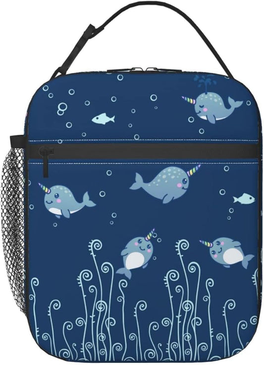 Cute Sea Narwhal Lunch Box Reusable Insulated Totes Lunch Bag Thermal Cooler For Boy Girls School Men Women Beach Picnic Travel