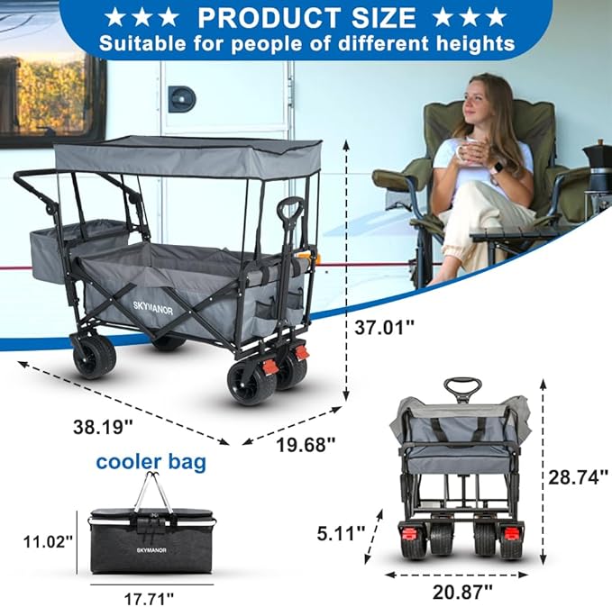Collapsible Wagon with Removable Canopy, 3-in-1 Heavy Duty Garden Cart with Big All-Terrain Wheels, Brakes, Adjustable Push Pull Handle, Cooler Bag, 300LBS Wagon Cart for Camping (Grey)