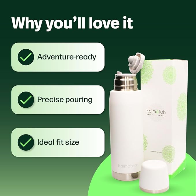 KALMATEH Thermal Double Walled Vacuum Insulated Stainless Steel Beverage Bottle 760ml, Precise Pouring & Heat Retention For Coffee, Tea, Yerba Mate and Camping