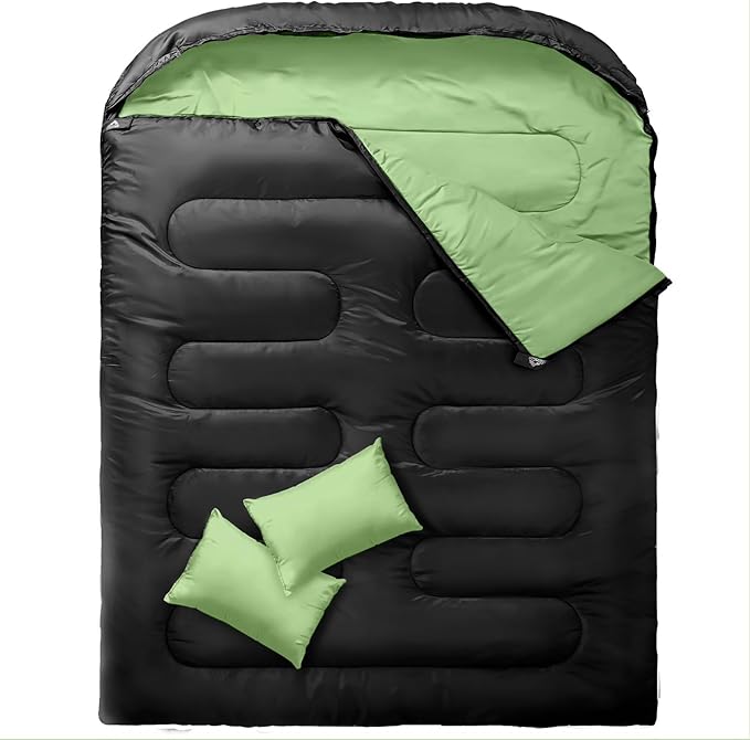 MEREZA Double Sleeping Bag, 2 Person Sleeping Bag for Adult Mens Camping, Two Person Sleeping Bag with Pillow Outdoor Indoor, XL Queen Size Sleeping Bag for Cold Warm Weather