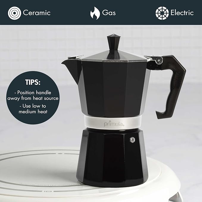 Primula Classic Stovetop Espresso and Coffee Maker, Moka Pot for Italian and Cuban Café Brewing, Greca Coffee Maker, Cafeteras, 6 Espresso Cups, Black