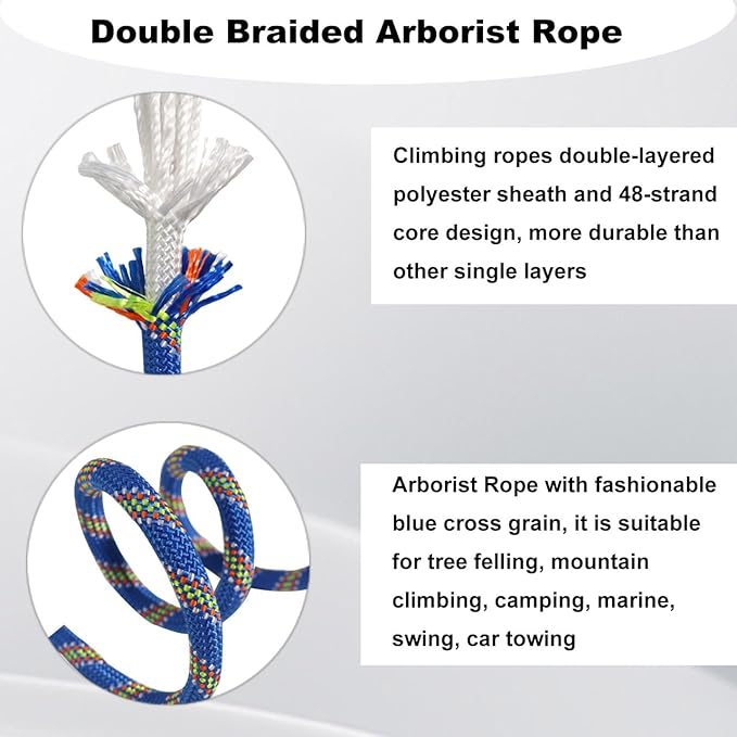 Double Braided Arborist Rope - 1/2 Inch x 200 Feet Polyester Rope - High Strength Climbing Rope for Tree Work, Halyard, Sailing (Blue)