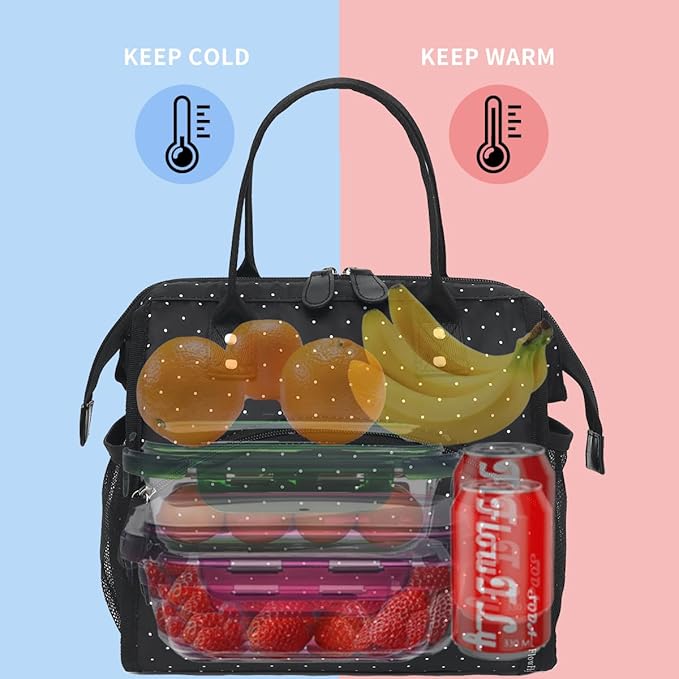 FlowFly Insulated Lunch Bag for Women, Men, Large and Reusable, Handle, Work and Travel Tote and Meal Prep Organizer, Dot