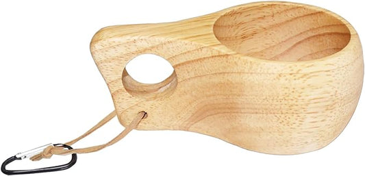 Wood Cup for Kuksa, Camping Mugs Essential Equipment for Bushcraft Gear Also Camping Essentials Wooden Cup Made by Traditional Hand Carving and Equipped with Hanging Rope and aHandle(Beige)