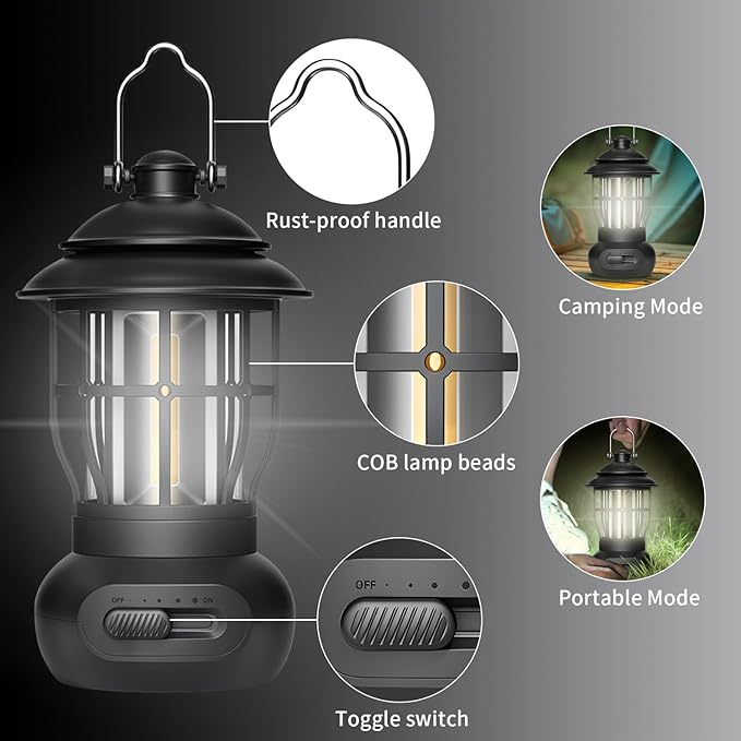 Camping Lamp, COB Lantern for Power Outage, Emergency Light, Suitable for Indoor and Outdoor, Black