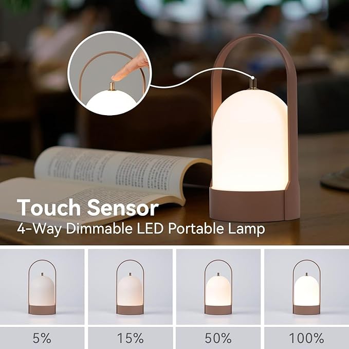 Tubicen Portable LED Cordless Rechargeable Lantern Table Lamp, 4000mAh Powerful Battery Operated Bedside Table Lamps, 4 Levels Touch Dimmable Night Light for Home Camping Dining Room Bedroom