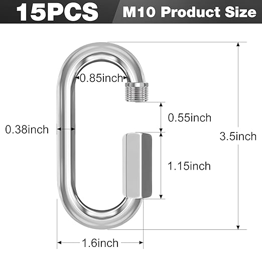 M10-15 Pack 3.5“ Quick Links Chain Connectors, 3/8″ Galvanized Chain Locking Carabiners Hooks, 2000LBS Heavy Duty Thread Quick Link Clips, Twist Oval Keychain D Shape for Swing, Camping