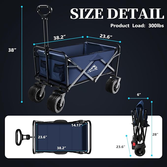 Collapsible Folding Wagon, Capacity 300lbs Heavy Duty Foldable Cart with Two Drink Holders, Portable Utility Grocery Wagon for Camping Shopping Sports, Blue