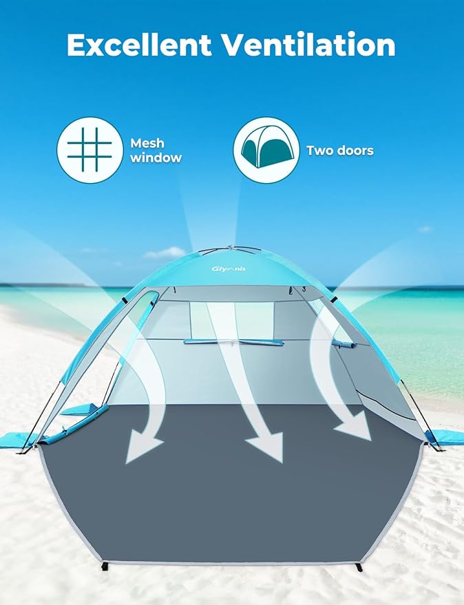Beach Tent Sun Shelter for 3 Person with UPF 50+ UV Protection, Lightweight & Easy Setup Beach Shade Canopy with Vent Windows & Zippered Door