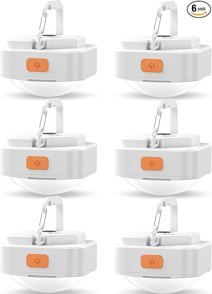 Rechargeable Camping Lights FLY2SKY 6Pcs White Tent Lights Mini Flashlight Portable LED Camping Lantern Survival Gear Camping Accessories for Hiking Backpacking Fishing Hurricane Emergency Outage