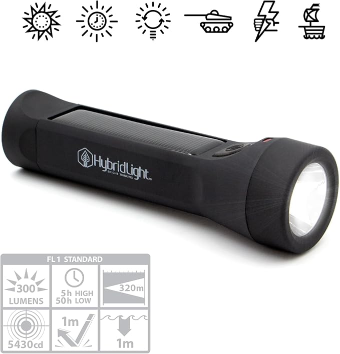 Journey 300 Solar LED Waterproof Flashlight with USB Phone Charger, Black