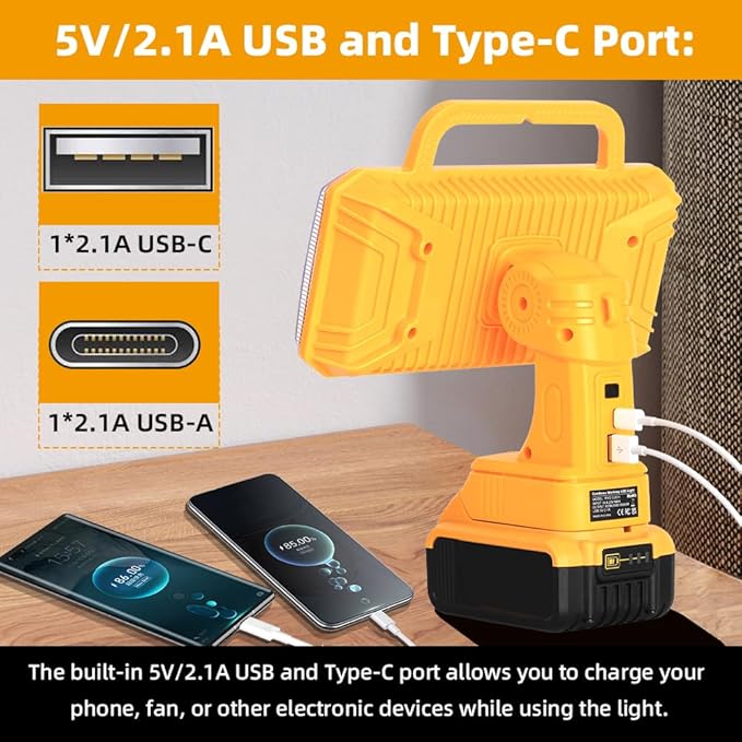 4200LM Light Compatible with Dewalt 20V Max Lithium-ion Battery, 40W Flashlight with USB Port, LED Work Light for Emergencies, Camping, Outdoor, Indoor(Battery not Included)