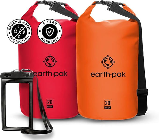 Earth Pak Waterproof Dry Bag - Roll Top Waterproof Backpack Sack (Orange 5L & Red 10L)