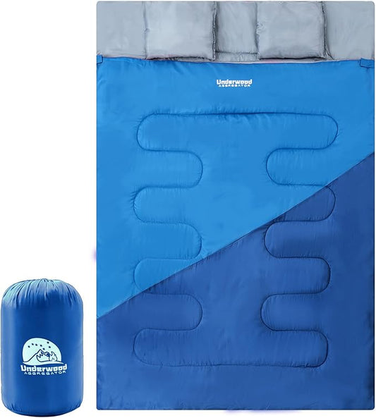 Double Sleeping Bag for Adults Kids - Lightweight 2 Person Sleeping Bag with Pillow, Queen Size Waterproof Camping Sack Two Person for Girls, Boys, Youths, Teens, Compact for Cold Weather & Warm
