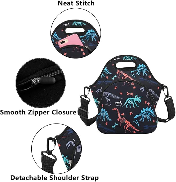 Violet Mist Neoprene Lunch Bag Reusable Insulated Cartoon Dinosaur Snack Bags, 12.6"L x 11.8"H x 6.3"W, BPA-Free, Machine Washable, Easy to Dry