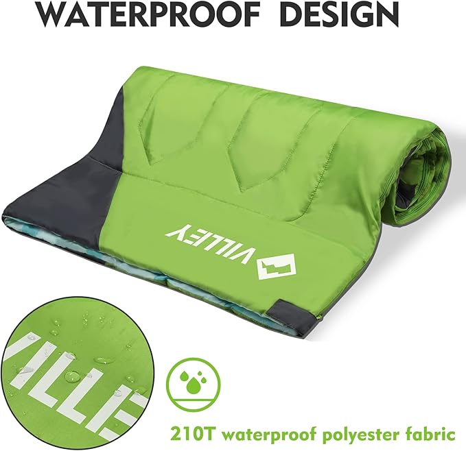 VILLEY Camping Sleeping Bag, Lightweight Backpacking Sleeping Bag with Carrying Bag for Adults & Kids, Outdoor Camping Hiking Equipment for 3 Season Warm & Cool Weather - Summer, Spring, Fall