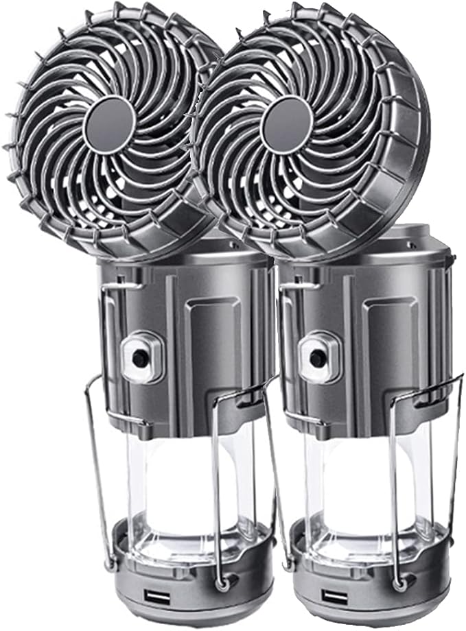 Solar Camping Lantern with Fan, 3-Way Power Source,Rechargeable Lanterns for Power Outages, Camping Lights for Tent Hurricane Emergency Camping Gear Must Haves (2Pack)