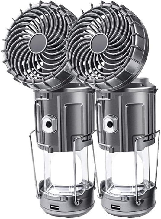 Solar Camping Lantern with Fan, 3-Way Power Source,Rechargeable Lanterns for Power Outages, Camping Lights for Tent Hurricane Emergency Camping Gear Must Haves (2Pack)