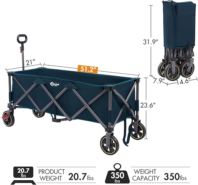 PORTAL 51.2" Long Wagons Carts Foldable with Brakes, Large Collapsible Wagon with Cargo Net, Side Pocket, Cup Holders, 350 LBs Heavy Duty Utility Grocery Wagons for Sports, Camping