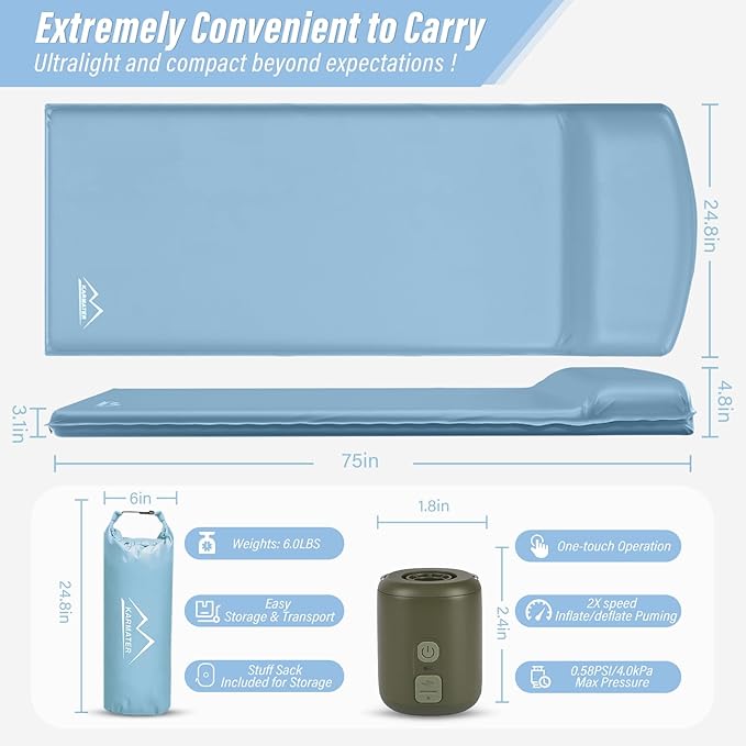 Self Inflatable Sleeping Pad, 3.1" Ultra-Thick Memory Foam Camping Pad，Fast Inflate & Deflate with Air Pump，Insulated Camping Mattress Pad for Travel, Camping, Backpacking and Hiking, All Season Use