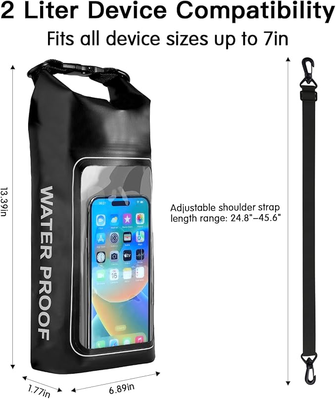 Waterproof Dry Bag, Beach Phone Bag 2L Roll Top Waterproof Backpack w/Phone Case/Pouch, Lightweight Dry Storage for Travel Swimming Boating Kayaking Camping Beach Fishing Rafting (Green)